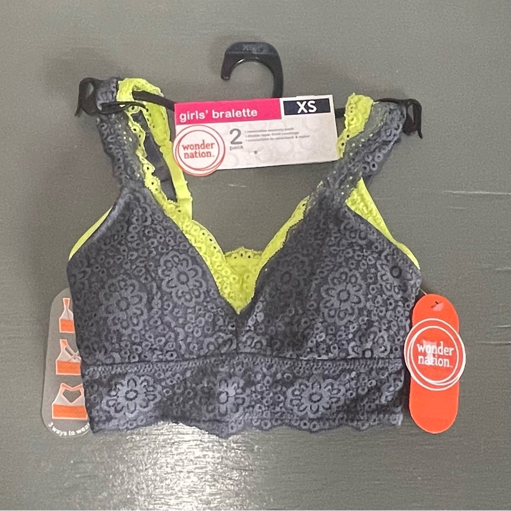 WONDER NATION  Girls Lace Convertible Bralette 2 Pk Grey/ Lime Colors Size XS